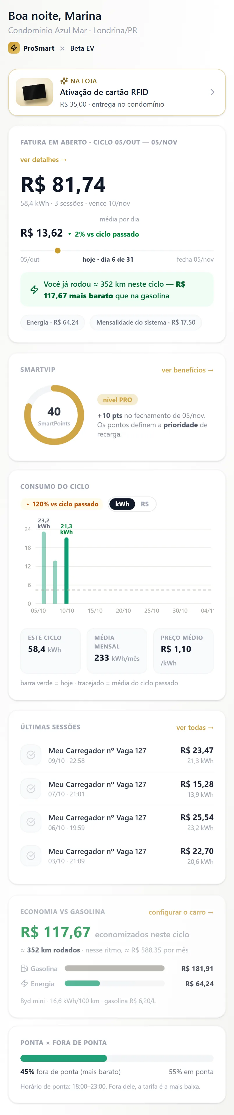 Tela real do app do morador: Início.